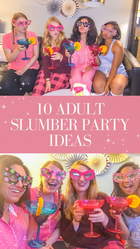 Woman Slumber Party Ideas, 50th Birthday Slumber Party Ideas, Women’s Sleepover Ideas, Women’s Slumber Party Ideas, Women’s Slumber Party, Pajama Theme Party For Adults, Girlfriends Party Ideas, 40th Birthday Sleepover Ideas, Grown Up Sleepover Ideas