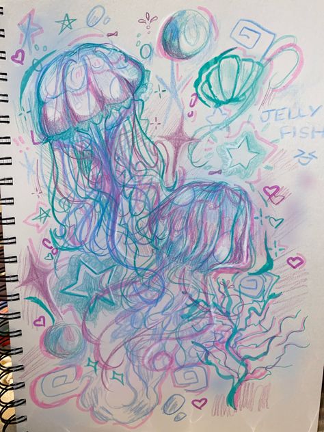 Y2k Drawing Aesthetic, Jelly Fish Art Drawing, Jelly Fish Drawing Color, Art Ideas Colored Pencils, Jelly Art Sketch, Jelly Artstyle Traditional, Jellyfish Art Style, Drawing Ideas Jellyfish, How To Draw Y2k Art Style