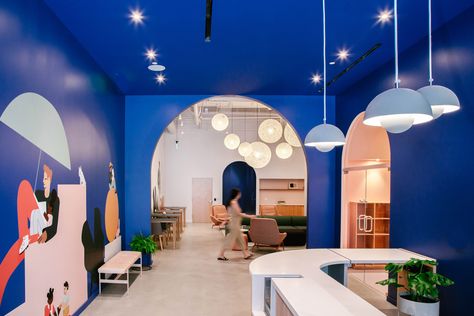 Two mothers open Brella to offer flexible childcare in Los Angeles Arch Doorway, Trendy Interiors, Blue Panels, Colorful Murals, Clerestory Windows, Play Areas, Bold Color Palette, Working Space, Coworking Space