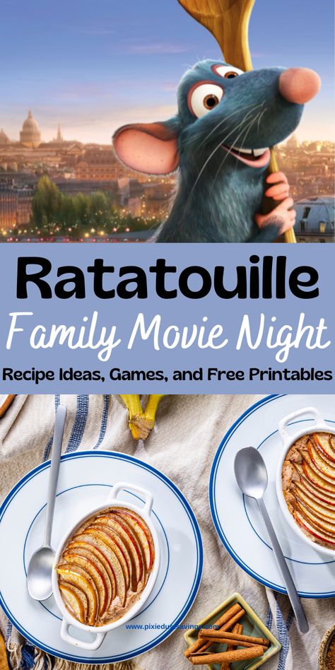 Ratatouille Movie Night with free printable menu recipe cards and chef hat, Plus recipes ideas from Dole, and game ideas. #disneymovie #Ratatouille #dole #familymovienight Ratatouille Disney Dinner Ideas, Disney Movie Menu Ideas Ratatouille, Movie Dinners Ideas, Ratatouille Dinner Ideas, Food From Ratatouille Movie, Ratatouille Food Ideas, Tangled Dinner Ideas, Ratatouille Dinner Party, Ratatouille Movie Recipe