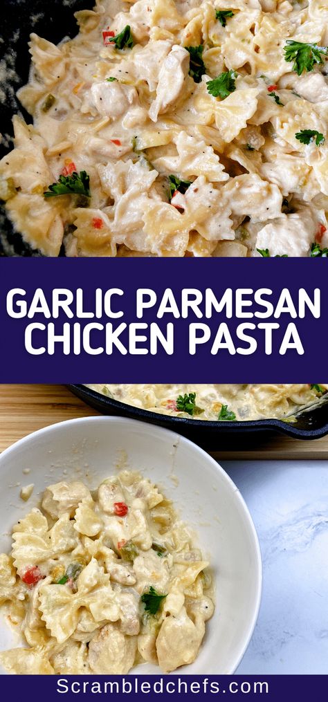 Crock Pot Garlic Parmesan Chicken, Garlic Parmesan Chicken Pasta, Bow Tie Pasta Recipe, Parmesan Chicken Pasta, Garlic Chicken Pasta, Weeknight Pasta, Bow Tie Pasta, Spaghetti Salad, Chicken Parmesan Pasta