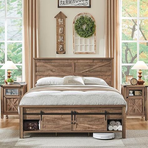 JXQTLINGMU Queen Farmhouse Wood Bed Frame with Sliding Barn Door Storage Cabinets, Solid Wood Slats Support, Noiseless, No Box Spring Needed, Light Brown

#homedesign #homedecor #housedesign #housedecor #room #roomdecor #roomdesign #interior #design #home #house #furniture #decor #bedroom #kitchen #livingroom Rustic Farmhouse Bedroom Country, Rustic Master Bedrooms Decor, Modern Farmhouse Bed Frame, Western Bed Frame, Bed Frames Wood, Store Sheets, Farmhouse Beds, Beds With Headboards, Barn Door Storage