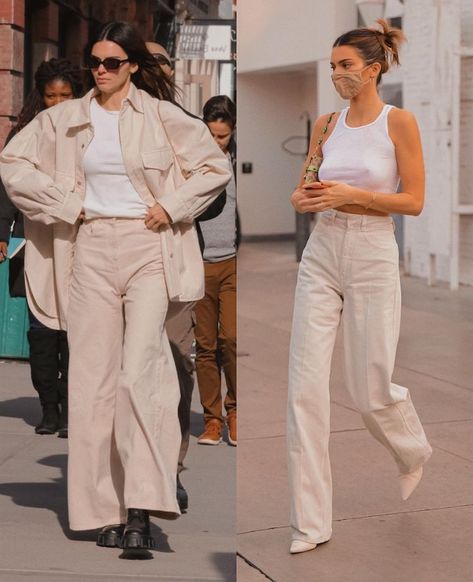 Kendall Jenner Cargo Pants, Cream Jeans Outfit Street Style, Cream Jeans Outfit, Cream Cargo Pants Outfit, Cream Cargo Pants, Cream Outfit, Beige Cargo, Cream Jeans, 2022 Style