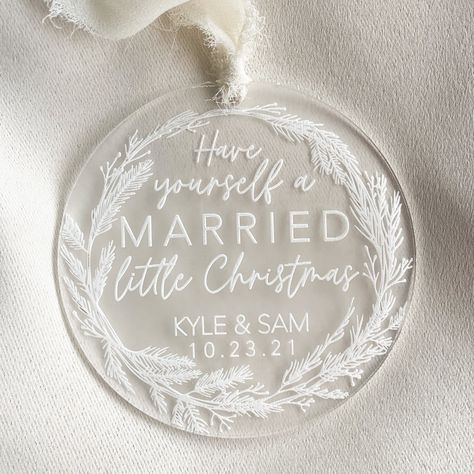 "Chose from a selection of materials: 1/8\" birch plywood 1/8\" frosted acrylic Please don't hesitate with any questions!" Christmas Ornaments Wedding Favors, Wedding Christmas Favors, Our First Christmas Engaged Ornament, Diy Wedding Ornaments First Christmas, Vinyl Wedding Gift Ideas, Flat Ornaments Vinyl, Engraved Acrylic Ornament, Cricut Christmas Ideas Diy Gifts, Wedding Ornament Diy