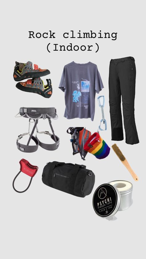 Rock climbing outfit idea! 🧗‍♀️ Outfits For Rock Climbing, Climbing Gear Aesthetic, Rock Wall Climbing Outfit, Rock Climbing Aesthetic Outfit, Rock Climbing Clothes, Indoor Rock Climbing Aesthetic, Indoor Rock Climbing Outfit, Bouldering Outfit, Mountain Climbing Outfit