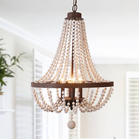 Wooden Bead Light Fixture, Beaded Lights, Cottage Core Chandelier, Island Light Fixtures Kitchen, Farmhouse Foyer Lighting, Modern Farmhouse Foyer, Wooden Bead Chandelier, Chandelier Store, Wood Bead Chandelier