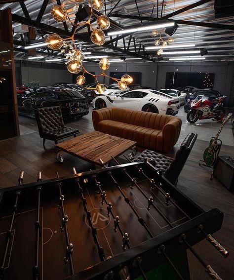 Luxe Auto's, Ultimate Man Cave, Shop Lights, Luxury Garage, Industrial Style Decor, Man Cave Home Bar, Man Cave Garage, Garage Design, Garage House