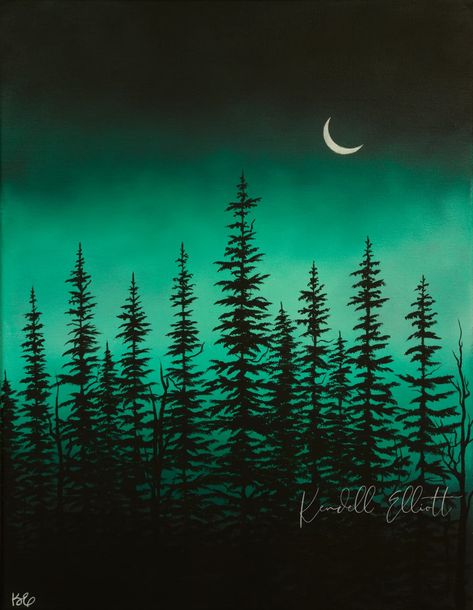 Enchanted Forest | Print Shop Forest Silhouette Painting, Forest Scene Painting, Dark Green Painting Ideas, Midnight Painting Easy, Enchanted Forest Painting Easy, Paint Forest Acrylic, Simple Forest Painting, Green Sky Painting, Easy Forest Painting