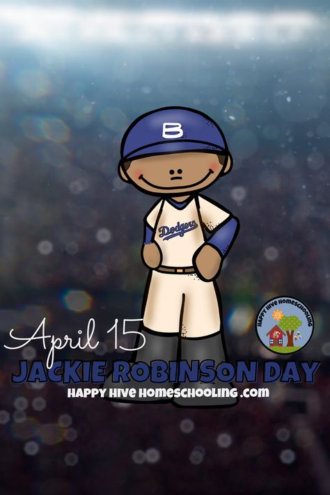 Jackie Robinson made history on April 15th, 1947, when he stepped onto the ball field for the first time because he was the first man of color to play on a major league baseball team. Before 1947, the minor and major leagues both excluded baseball players of Black African descent. Jackie Robinson Day is celebrated each year to remember the amazing acomplishments of Jackie Robinson To learn more and how you can celebrate, visit the Happy Hive Homeschooling Website Homeschool Holidays, Jackie Robinson Day, Nationals Baseball, What Is Today, Dodger Blue, Daily Holidays, Jackie Robinson, Teacher Favorite Things, Baseball Team