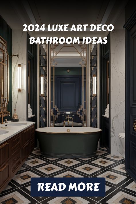 2024 art deco bathroom with dark green tub, geometric floor, and ornate mirrors. Deco Bathroom Ideas, Art Deco Bathroom Ideas, Interior Hacks, Art Deco Accessories, Art Deco Aesthetic, Sophisticated Bathroom, Art Deco Bathroom, Art Deco Interior Design, Bold Color Schemes