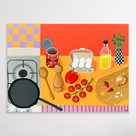 Worth the effort 76x101 cm acrylic on canvas Can you guess what’s my favourite brunch food?? 🌶️🧄🍅🥚 This original piece will be available on the 1st March (or 29th feb for newsletter subscribers!) as a part of my ”Brunch” collection. There will also be smaller print-to-order posters of it available on my website and I’m shamelessly going to get one for our kitchen 🤭❤️ #acrylicpainting #stilllife #contemporaryart #interiordesign #colourfulart #colourfulinteriors Food Acrylic Painting, 2024 Sketchbook, Joan Blond, Colorful Dinner, Kitchen Illustration, Acryl Painting, Ib Art, Illustration Board, Brunch Food