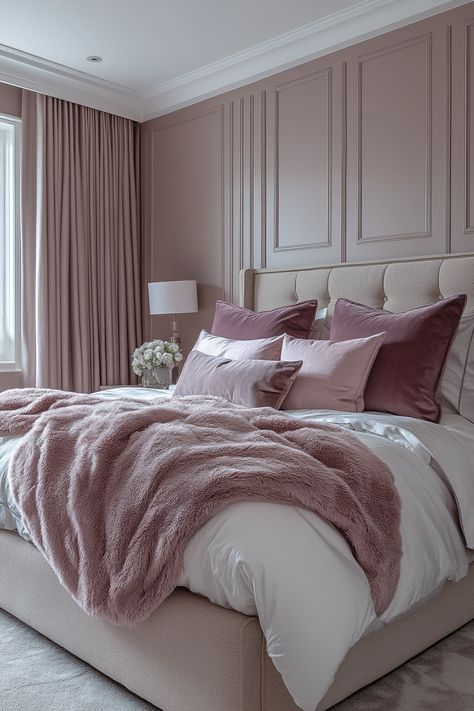 Pink and grey bedroom ideas offer a perfect balance of femininity and sophistication. Explore a wide range of possibilities, from light grey and pink bedrooms with a delicate feel to dark grey and pink bedrooms for a bolder statement.  Find inspiration for your own pink and grey bedroom design. Dusty Pink And Grey Bedroom Ideas, Pink Grey And Cream Bedroom, Grey Pink And Cream Bedroom, Pink Grey Beige Bedroom, Dusty Pink And Grey Bedroom, Mauve Bedroom Ideas, Pink Grey Bedroom, Bedroom Ideas Chic, Pink And Grey Bedroom Ideas