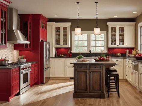 How I Use Red in Kitchen Decor – 32 Bold Ideas! - Cardinal Memorials Red Accent Wall Kitchen, Accent Color Wall, Kitchen With Red Accents, Kitchen Color Themes, Red Country Kitchens, White Cottage Kitchen, Red Kitchen Cabinets, Red Kitchen Island, White Upper Cabinets