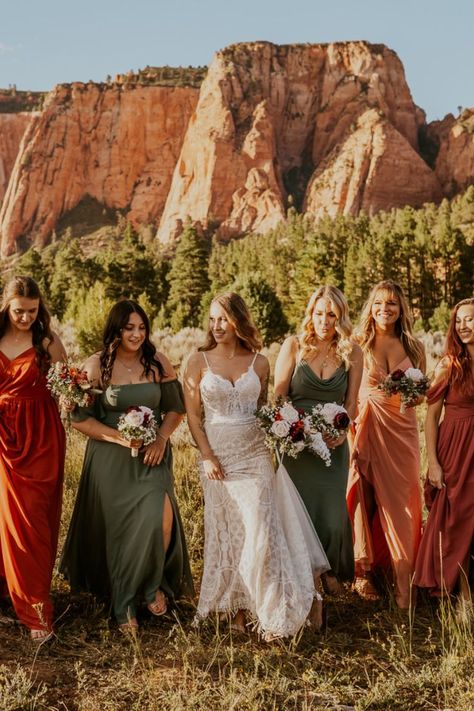 Terracotta Wedding Bridesmaid Dresses, Orange Dress Outfit Wedding, Bridesmaid Dresses Burnt Orange, Burnt Orange Wedding Theme, Copper Saree, Orange Dress Outfit, Bridesmaid Dresses Orange, Zion Elopement, Red Rock Wedding