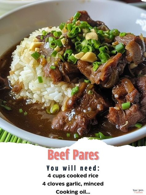 Recipe Yumm | "Beef Pares is a Filipino beef stew known for its tender meat simmered in a flavorful broth, typically served with garlic fried rice and a dipping sau... | Facebook Filipino Beef Stew, Beef Pares, Garlic Fried Rice, Tender Meat, Using A Pressure Cooker, Garlic Fries, Pinoy Food, Filipino Food, Beef Recipes For Dinner