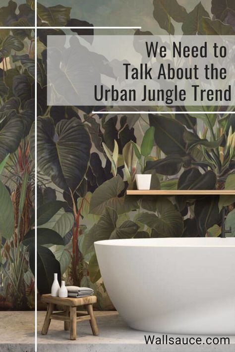 The urban jungle trend is going nowhere anytime soon and we couldn't be more happy about it. One way to make the most of this tropical trend is to install an exotic jungle wallpaper. From dark green leafy wallpapers ideal for a tropical bathroom to pink and green rainforest wallpaper for a stylish living room, there are so many ways to embrace the urban jungle wall mural trend. Where will you install a jungle mural? Bathroom Wallpaper Mural, Moody Jungle Bathroom, Jungle Mural Wallpaper, Leafy Wallpapers, Rainforest Wallpaper, Jungle Bathroom, Jungle Wall Mural, Tropical Trend, Jungle Mural