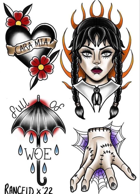 Wednesday Addams Traditional Tattoo, American Traditional Wednesday Addams, Horror Flash Art, Addams Family Thing Tattoo, Barbie Flash Tattoo, Wednesday Addams Tattoos, Wednesday Tattoo Addams, Neo Traditional Witch Tattoo, Wensday Tattoo