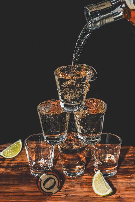 Shots Alcohol Party, Alcohol Lifestyle Photography, Alcohol Photography Aesthetic, Tequila Bottle Photography, Shots Aesthetic Alcoholic Party, Shots Glasses, Bottle Shots Photography, Shots Photography, Shots Astethic