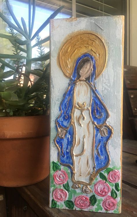 Blessed Mother Painting - Etsy Lds Artwork, Hand Painted Crosses, Mother Painting, Easy Flower Painting, Religious Paintings, Lafayette La, Angel Painting, Textured Canvas Art, Canvas Painting Diy