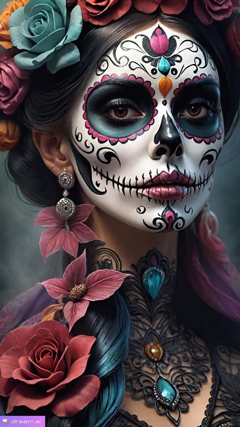 Makijaż Sugar Skull, Candy Skull Makeup, Catrina Costume, Halloween Makeup Witch, Halloween Makeup Sugar Skull, Skull Face Paint, Sugar Skull Costume, Den Mrtvých, Sugar Skull Artwork