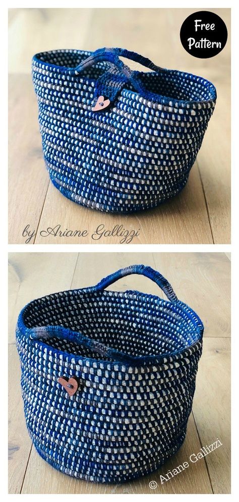 Crochet Over Rope Basket Pattern Free, Pima Basket Designs, Sewing Rope Baskets, Diy Crochet Rope Basket, Denim Basket, Diy Crochet Basket, Diy Rope Basket, Basket Weaving Diy, Crochet Basket Pattern Free