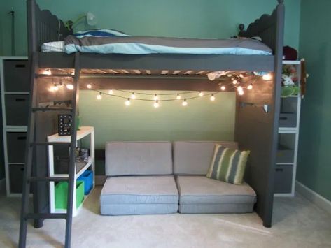 Under Loft Bed Ideas Kids, Lofted Bed Ideas, Under Loft Bed Ideas, Loft Bed Decorating Ideas, Boys Loft Bedroom, Boys Loft Beds, Loft Bed Ideas For Small Rooms, Cool Loft Beds, Loft Beds For Teens