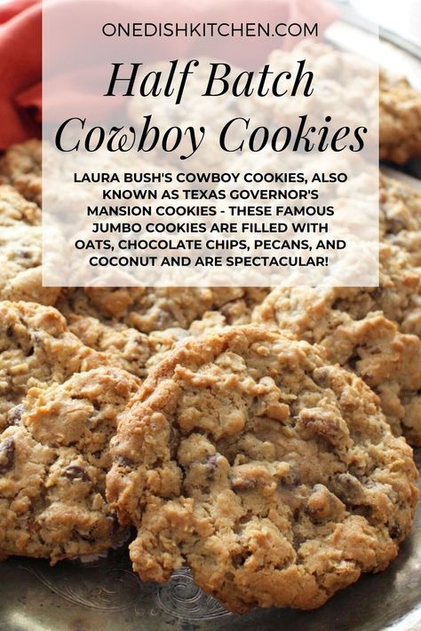 Laura Bush's Cowboy Cookies, also known as Texas Governor's Mansion Cookies - these famous jumbo cookies are filled with oats, chocolate chips, pecans, and coconut and are spectacular! You'll love this half batch recipe for these soft and chewy cookies. Mrs Bush Cowboy Cookies, Barbra Bush Cowboy Cookies, Half Batch Cowboy Cookies, Cowboy Cookies Recipe Laura Bush, Laura Bush Cookies, Small Batch Cowboy Cookies, Best Chocolate Chip Cookies Crispy, Half Batch Cookies, Barbara Bush Cowboy Cookies