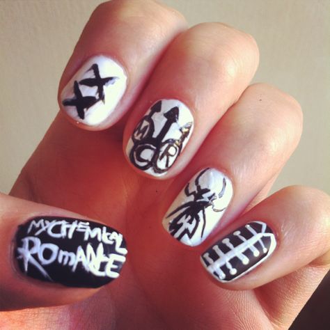 my chemical romance nails , nail art, band nails, MCR, emo , holy trinity of emo Emo Nail Art, Emo Nail, Nails Opi, Band Nails, Punk Nails, Gothic Nails, Diy Beauty Hacks, Emo Bands, My Chemical