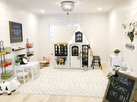 Porche City Market (Indoors) — Porche & Co. Costco Playhouse Makeover, Costco Playhouse, Smallwood Home, Playhouse Makeover, Basement Playroom, Boys Playroom, Girls Playroom, Toddler Playroom, Kids Playroom Decor