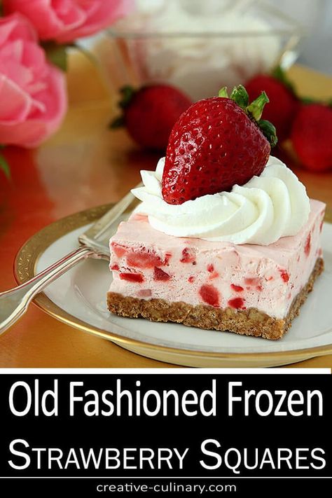 An old fashioned favorite that never goes out of style. These Old Fashioned Frozen Strawberry Squares are the perfect summer treat! Strawberry Squares, Frozen Strawberry Desserts, Strawberry Cream Cheese Cobbler, Frozen Strawberry Recipes, Baking Competition, Strawberry Bites, Easy Strawberry Desserts, Strawberry Crunch Cake, Homemade Strawberry Ice Cream