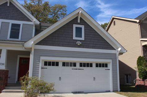 Vinyl Charcoal & Sterling Gray Siding | Olivette, MO Sterling Gray Vinyl Siding, Charcoal Gray Siding, Gray Vinyl Siding, Grey Vinyl Siding, Gray Siding, Sterling Gray, Carriage Garage Doors, Grey Siding, Gable Trim