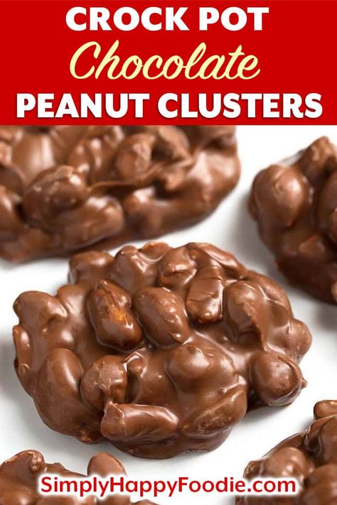 Crock Pot Chocolate Peanut Clusters candy is a sweet and lightly salty delight! This easy candy recipe combines different types of chocolate to make the best tasting chocolate peanut clusters! These slow cooker chocolate peanut clusters are the easiest chocolate candy recipe ever! simplyhappyfoodie.com #chocolatepeanutclusters #crockpotcandy Crock Pot Chocolate Peanut Clusters, Peanut Clusters In Crockpot, Crockpot Candy Recipes, Chocolate Nuts Clusters, Chocolate Peanut Clusters, Chocolate Clusters, Crockpot Candy, Peanut Clusters, Easy Candy Recipes