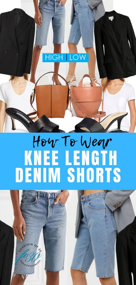 How to Wear Knee Length Denim Shorts #fashion #style #over40 #styleexpert #styletips #howtowear #looksforless #diy #fountainof30 Knee Length Jean Shorts, Knee Length Jeans Outfit, How To Style Knee Length Denim Shorts, Styling Knee Length Shorts, Shorts Knee Length, How To Style Knee Length Shorts, Knee Length Denim Shorts Outfit, Knee Shorts Outfits Women, Knee Length Jeans