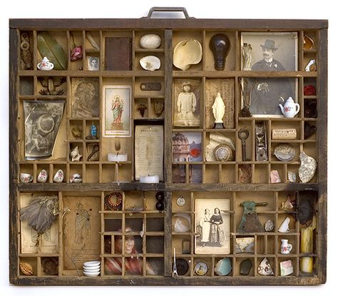 Cemeteries Ghosts Graveyards Spirits:  An old printer's type tray employed as a hanging Ancestor Altar. Printers Drawer, Printers Tray, Cabinet Of Curiosities, Assemblage Art, Shadow Boxes, Found Object, Displaying Collections, Box Art, Wooden Box