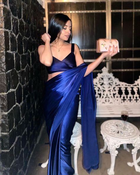 Blue Satin Saree, Traditional Wedding Reception, Royal Blue Saree, Satin Outfits, Wedding Reception Outfit, Business Professional Attire, Reception Outfit, Saree Designs Party Wear, Bollywood Style