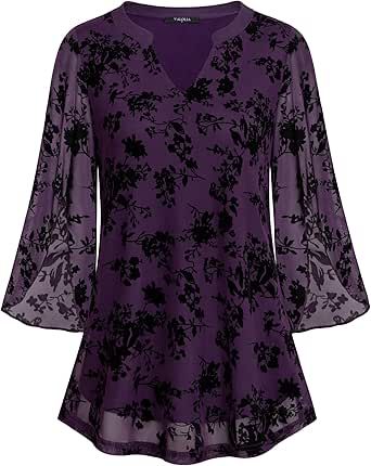 VALOLIA Women's 3/4 Sleeve Floral Tunic Tops V Neck Double Layers Loose Fit Mesh Blouses Shirt 2023 Office Wear, Weekend Getaway Outfits, Flowy Tunic Tops, Ladies Tops Blouses, Flowy Tunic, Womens Tops Dressy, Floral Tunic Tops, Layered Blouse, Mesh Blouse