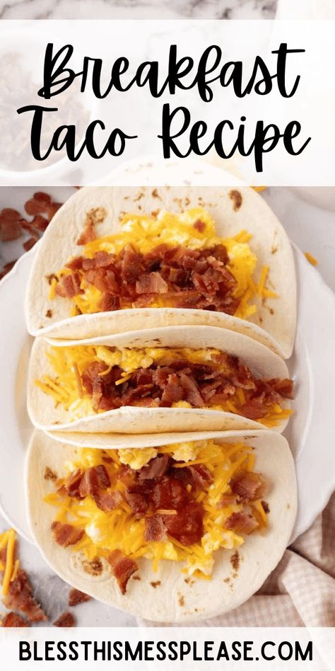 These quick and easy breakfast tacos with scrambled eggs, crispy bacon, cheddar cheese, and salsa make a simple, delicious meal. Breakfast Street Tacos, Egg Tacos Breakfast, Bacon And Egg Breakfast Tacos, Breakfast Tacos With Corn Tortillas, Bacon Egg And Cheese Breakfast Burrito, Chorizo And Eggs Tacos, Easy Dinner Desserts, Breakfast Tacos Recipe, Breakfast Taco