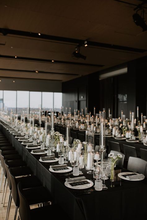 Black And White Wedding Theme Receptions, All Black Wedding Reception, Black Wedding Decorations Classy, Dark Romantic Wedding Decor, Black White And Greenery Wedding, Black And White Wedding Aesthetic, Black White And Green Wedding, Wedding Starter, Black And White Theme Wedding