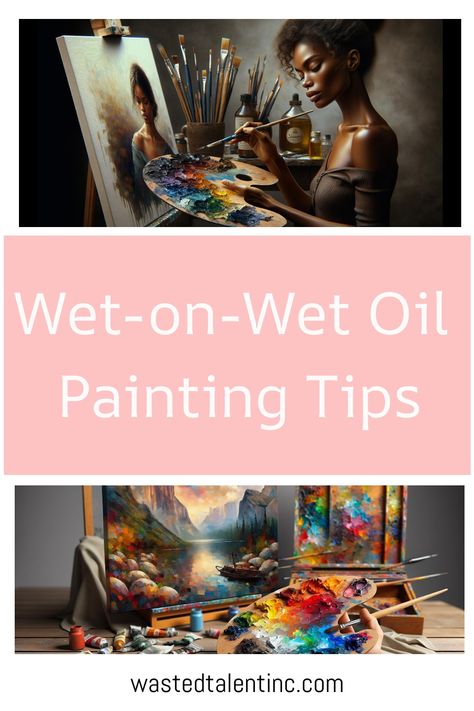 An artist painting at an easel with a vibrant palette of colors, above text reading "Wet-on-Wet Oil Painting Tips" and website address at bottom. Wet On Wet Painting, Oil Painting Tips, Spatial Relationships, Art Advice, Oil Painting Tutorial, Beginner Art, Creating Texture, Mineral Spirits, Palette Knife Painting