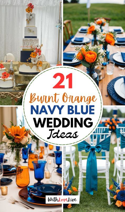 Embrace a unique and vibrant color palette with burnt orange and navy blue for your wedding! 🍁💙 From rich floral arrangements to chic decor, these colors will bring your vision to life. Save this pin for stylish wedding inspiration! 📌🌟 Royal Blue And Orange Wedding Theme, Orange And Navy Blue Wedding, Navy Blue Wedding Ideas, Burnt Orange And Navy Blue, Orange And Blue Wedding, Fall Wedding Colors October, Blue Orange Weddings, Orange Boutonniere, Navy Blue Suspenders