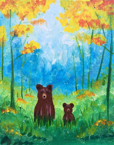 "Forest Grizzlies" Painting Party with The Paint Sesh Paint Forest, Beachy Paintings, Fireworks Art, Fall Canvas Painting, Bear Paintings, Painting Party, Canvas Painting Diy, Forest Painting, Autumn Painting