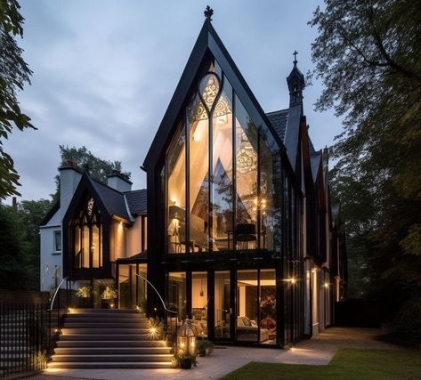 Gothic House Exterior, Gothic Exterior, House With Large Windows, Gothic Houses, Victorian Gothic Home Decor, Gothic Homes, Morgantown West Virginia, Gothic Windows, Modern Gothic