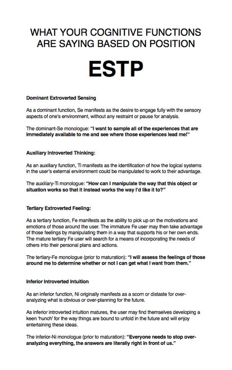 How ESTP cognitive functions manifest based on their position in the stacking. Read more: http://thoughtcatalog.com/heidi-priebe/2015/12/how-each-cognitive-function-manifests-based-on-its-position-in-your-stacking/ Cognitive Functions Mbti, Mbti Functions, Entp And Intj, Introverted Thinking, Mbti Test, Enfp Personality, Enneagram 4, Enfp T, Cognitive Functions