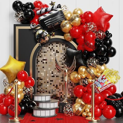 Movie Night Party Decorations, Hollywood Birthday Parties, Film Party, Hollywood Birthday, Black And Gold Balloons, Star Birthday Party, Movie Themed Party, Bridal Shower Backdrop, Movie Night Party