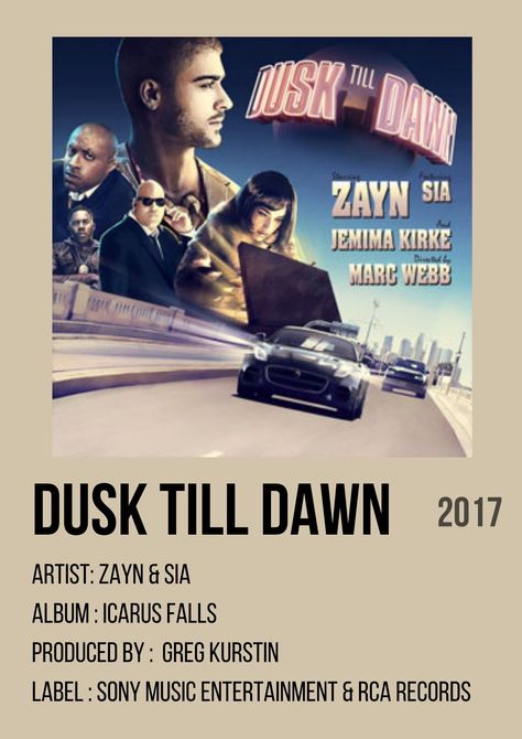 Polaroid Music Posters Spotify, Dusk Till Dawn Aesthetic, Zayn Polaroid, Dusk Till Dawn Zayn, Sia Album, Song Albums, Song Polaroid, Song Cards, Zayn Malik Video