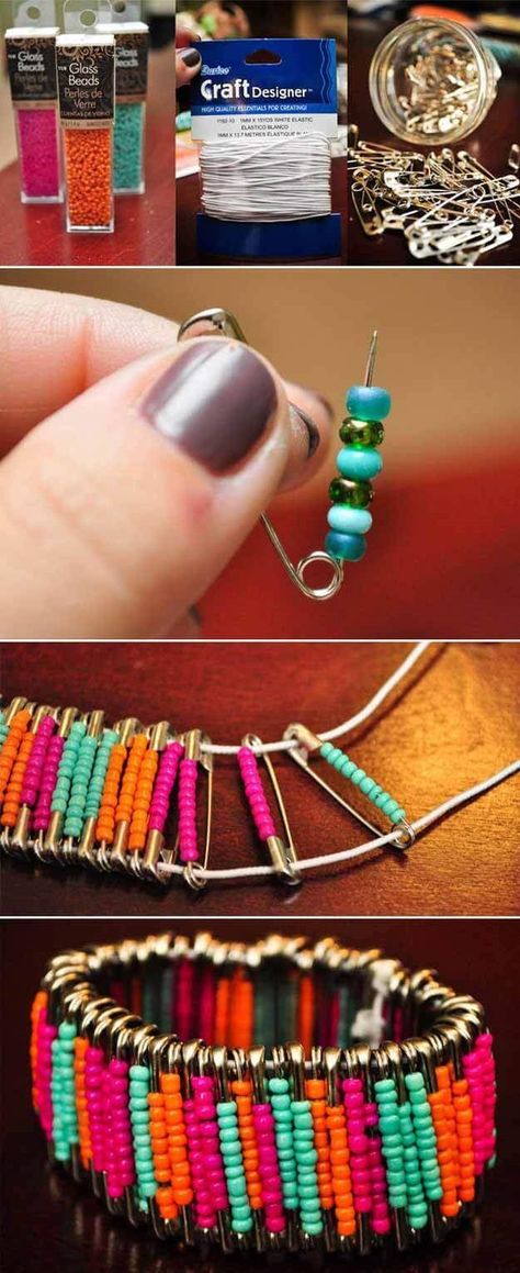 Diy Bracelets How To Make, Safety Pin Bracelet, Hantverk Diy, Diy Summer Crafts, Diy Beaded Bracelets, Diy Armband, Diy Bracelets Easy, Craft Lovers, Cool Ideas