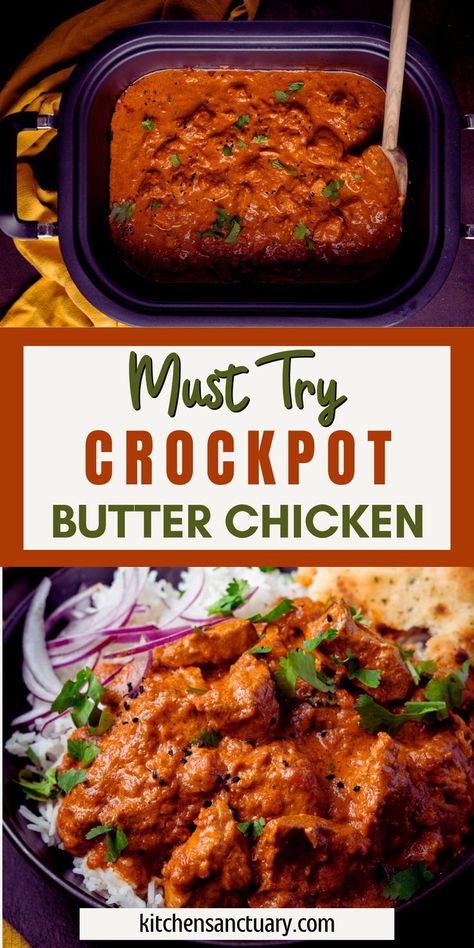 This Must Try Crockpot Butter Chicken recipe is packed with aromatic spices like garam masala, curry powder, and paprika. Tender chicken breasts simmer in a rich, creamy tomato sauce with a hint of sweetness from sugar and cardamom. Perfect for a cozy dinner, this flavorful dish pairs beautifully with rice and fresh coriander for a complete meal. Chicken Brest Recipes, Slow Cooked Butter Chicken, Crock Pot Butter Chicken, Crockpot Butter Chicken, Chicken Curry Crockpot, Crock Pot Asian, Crockpot Rice Recipes, Garam Masala Curry, Crock Pot Curry