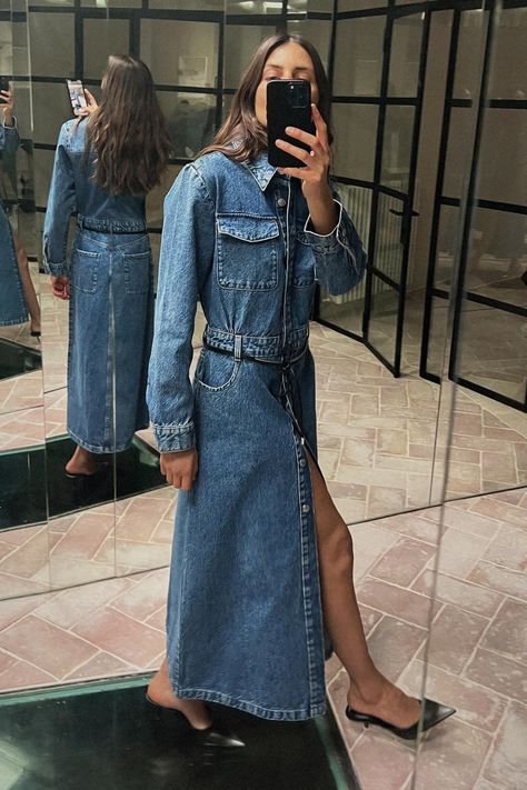 Dresses for Women | Explore our New Arrivals | ZARA United States Jeans Dress Outfit, Dresses With Tennis Shoes, Winter Street Styles, Coquette Cowgirl, Long Denim Dress, Denim Dress Outfit, Zara Spring, Short Shirt Dress, Wrap Dress Styles