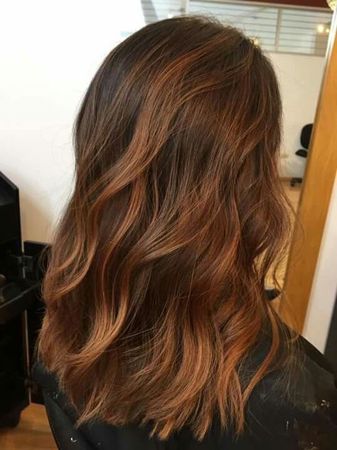 Copper balayage Chestnut Copper Balayage, Copper Ombre Brunette, Caramel Copper Balayage Dark Brown, Partial Balayage Copper, Brunette Copper Hair Balayage, Copper Balayage Brown Hair, Brown Hair Copper Balayage, Copper Brunette Balayage, Brown Hair With Copper Balayage