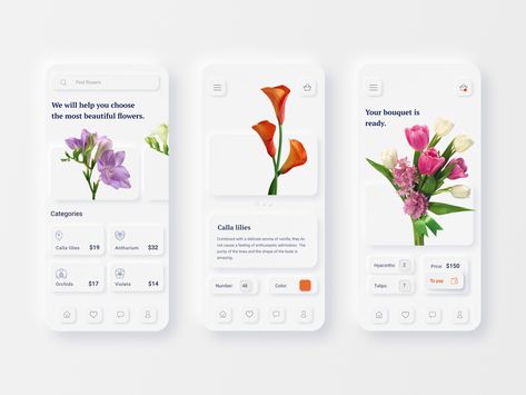 Florist App by Darya Popkova Florist App Design, Neumorphism Ui Design, Neumorphism Ui, App Png, Brand Animation, Ecommerce Mobile App, Plant App, Flower App, App Interface Design